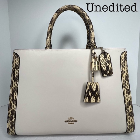 Coach Zoe Chalk Exotic Snakeskin Trim Top Handle Satchel Bag F68293 Zoe - Picture 7 of 15